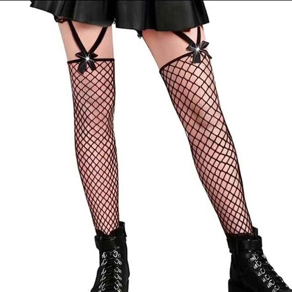 Rhinestone Garter Bow Lace Trim Fishnet Thigh Highs-A